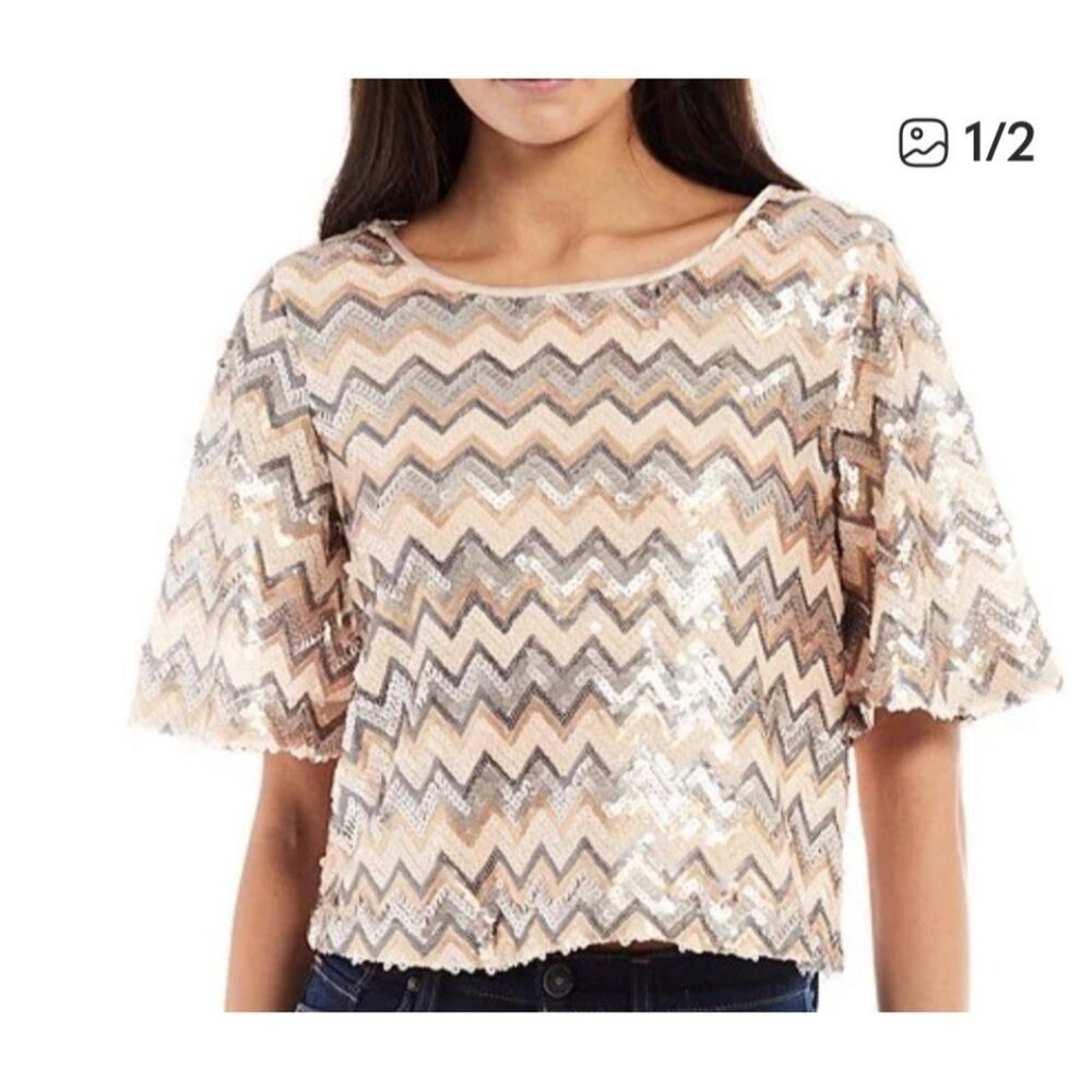 Beige Gray Sequin Top Blouse Chevron Print Size XL Holiday Party Skies Are Blue